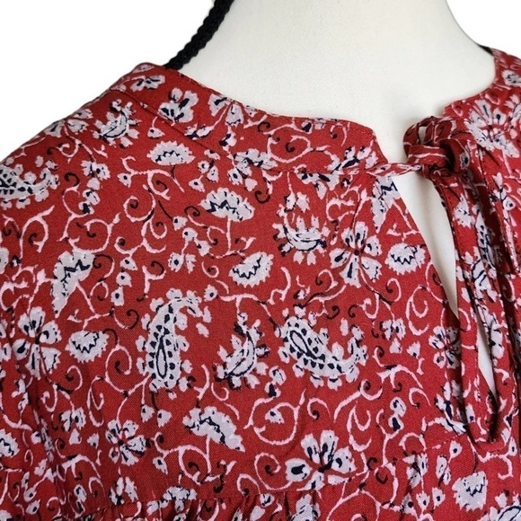 Boho Dress Long Sleeve Pullover Bohemian Pattern String Neck Burgundy Red - Picture 3 of 4